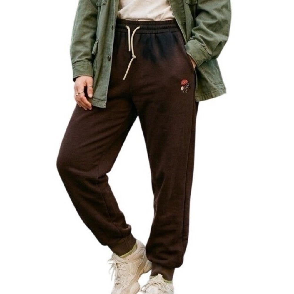 Carel Brown Mushroom Embroidered Sun Faded Fleece Joggers Sweatpants Small